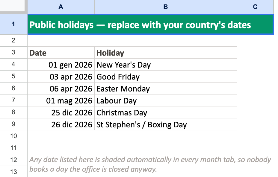 La scheda Holidays: le date elencate qui ombreggiano le loro colonne in ogni scheda mensile