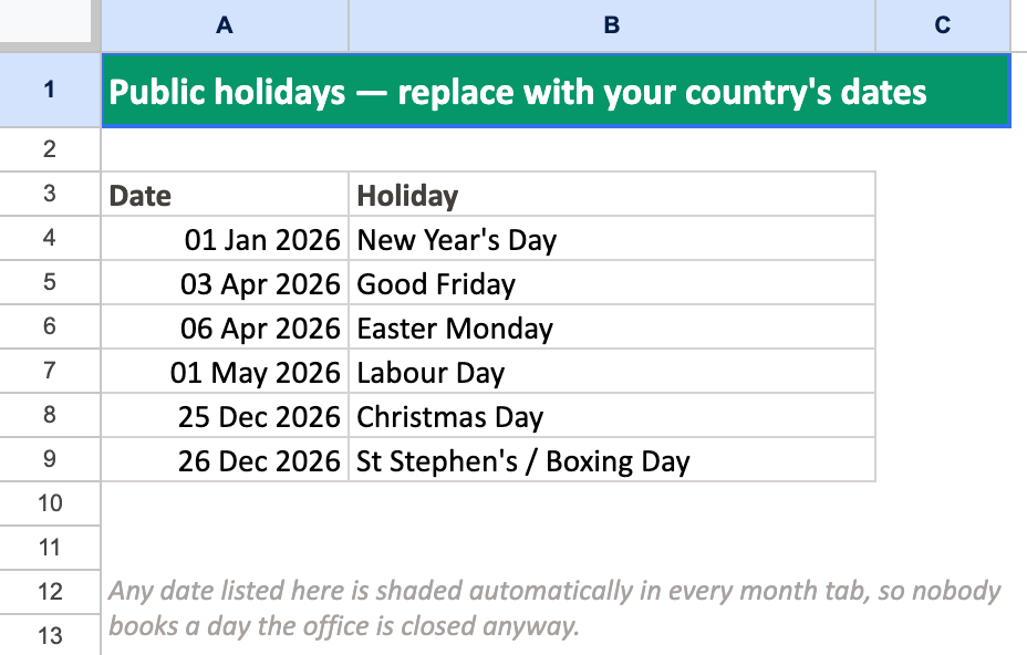 La scheda Holidays: le date elencate qui ombreggiano le loro colonne in ogni scheda mensile