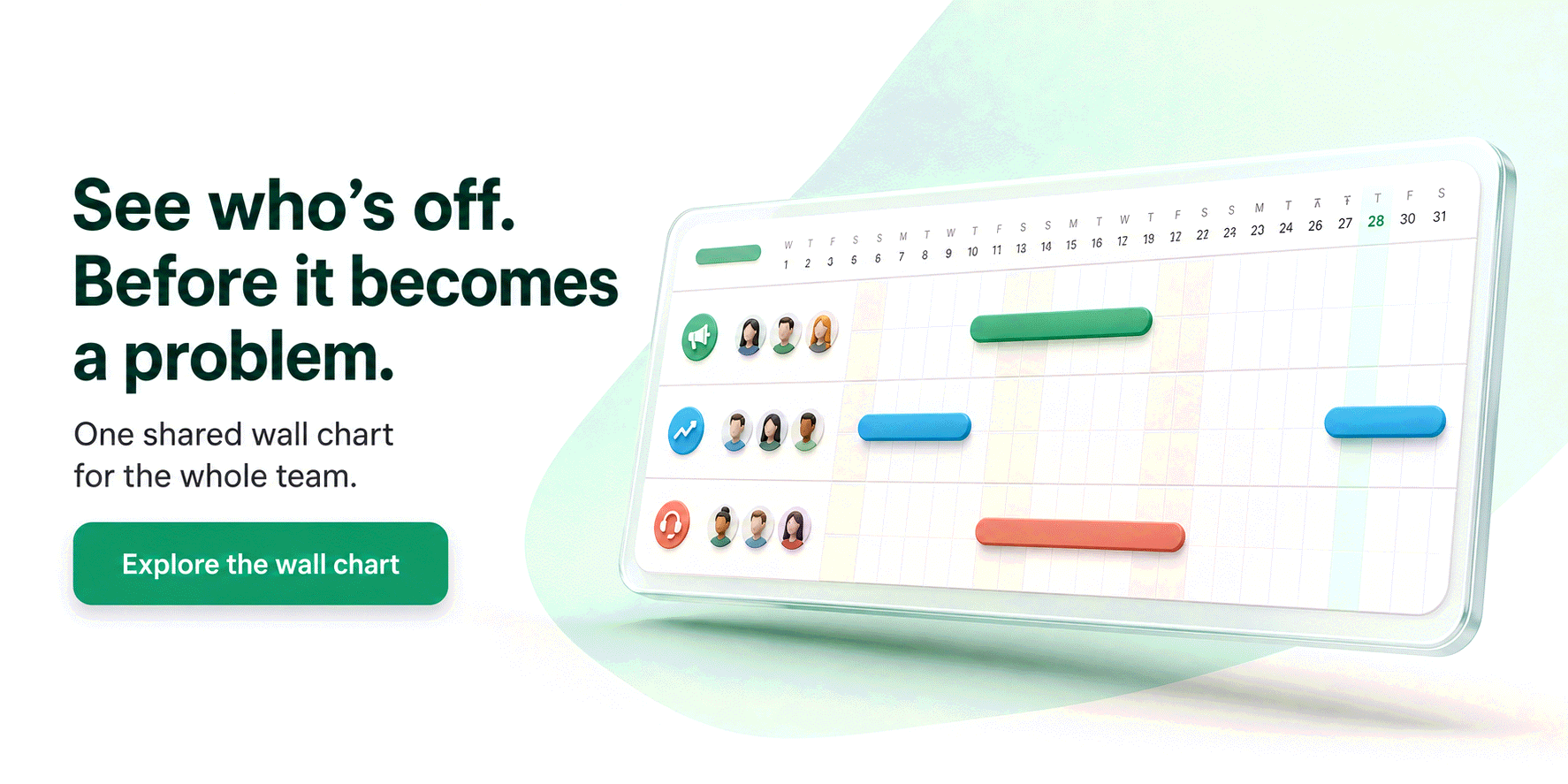 See who's off, before it becomes a problem — one shared wall chart for the whole team. Try Bueggio HR