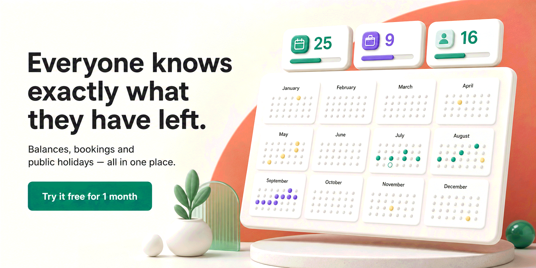 Your team's whole year at a glance — everyone knows exactly what they have left. Try Bueggio HR