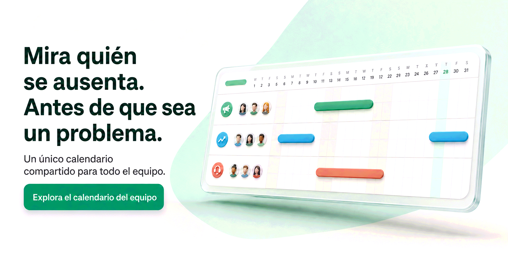 Mira quién se ausenta, antes de que sea un problema — un único calendario compartido para todo el equipo. Prueba Bueggio HR