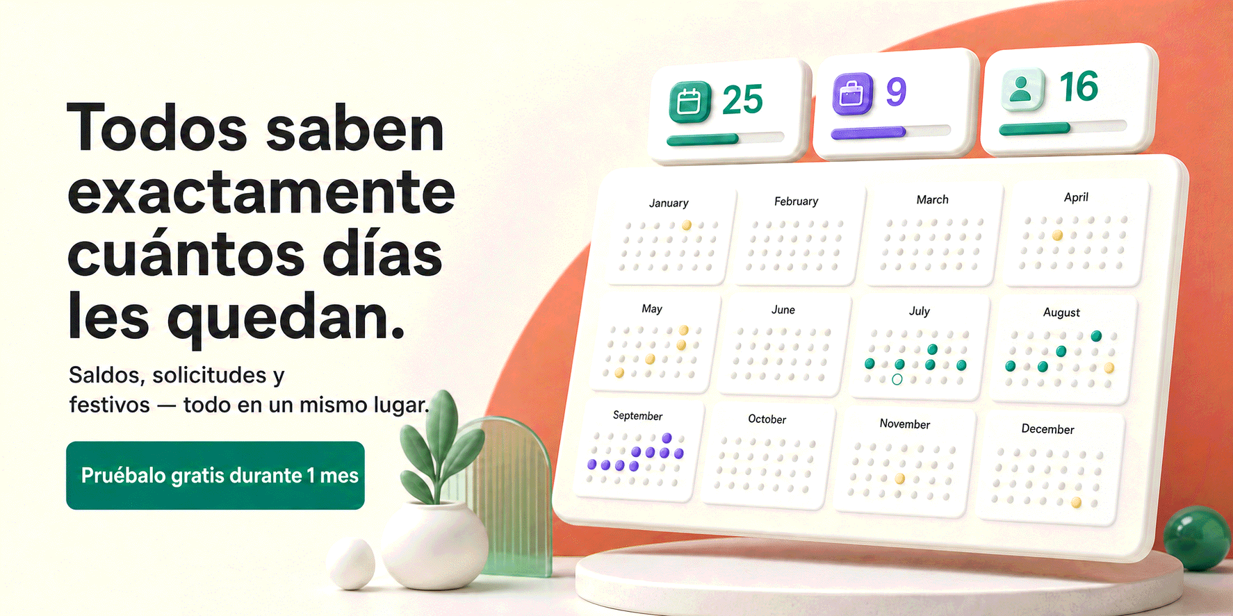 Todo el año del equipo de un vistazo — cada uno sabe exactamente cuánto le queda. Prueba Bueggio HR