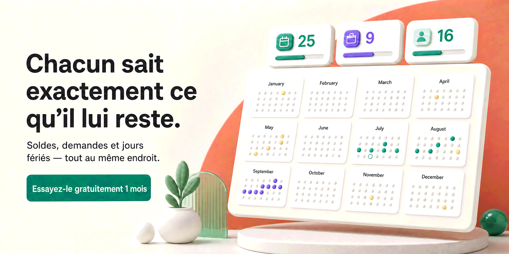 Toute l'année de l'équipe en un coup d'œil — chacun sait exactement ce qu'il lui reste. Essayez Bueggio HR