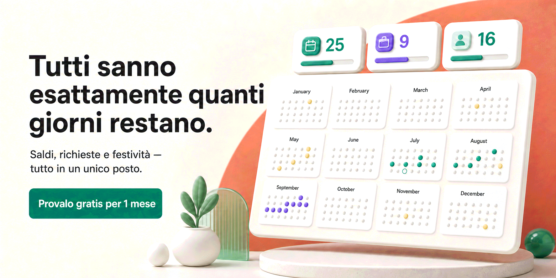 Tutto l'anno del team in un colpo d'occhio — ognuno sa esattamente quante ferie gli restano. Prova Bueggio HR