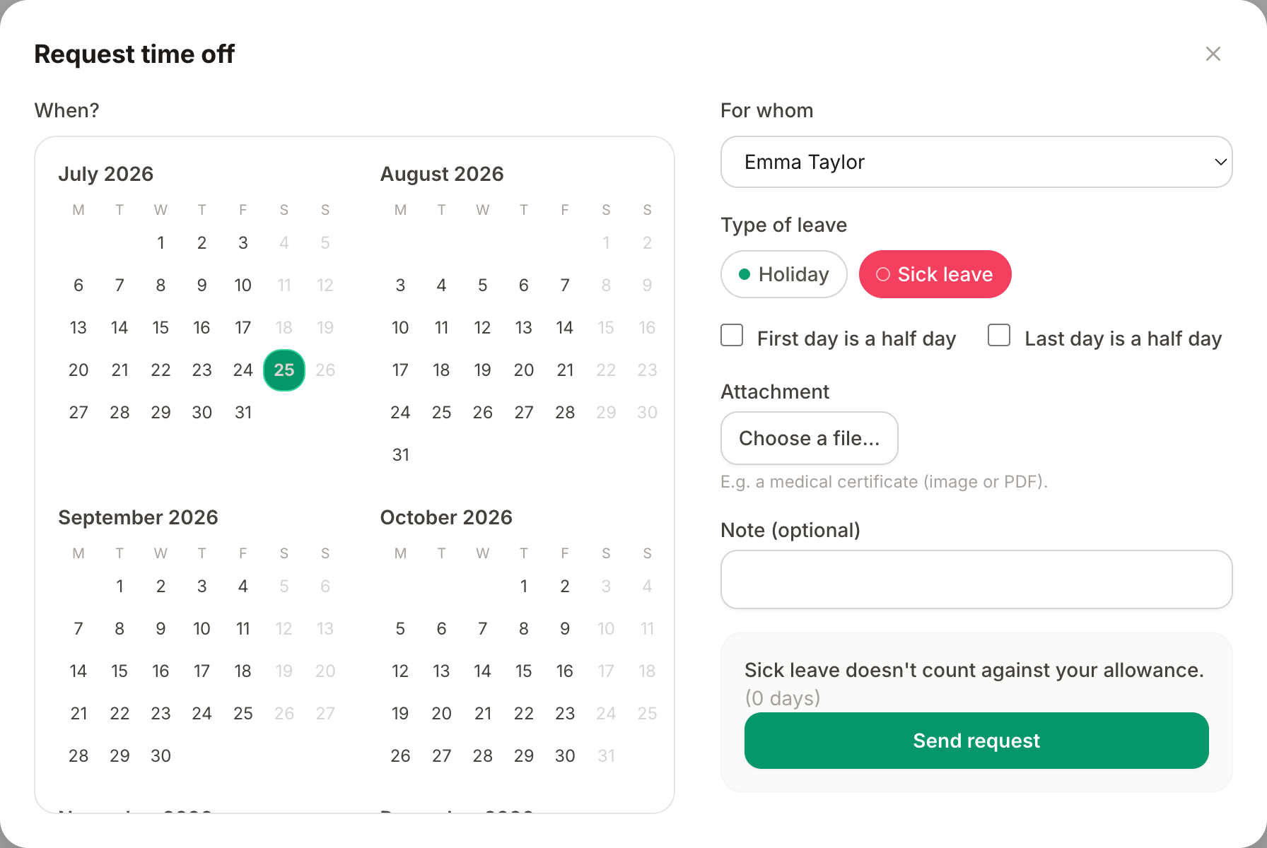 The booking form with a sickness type selected: the attachment field appears, asking for the medical certificate