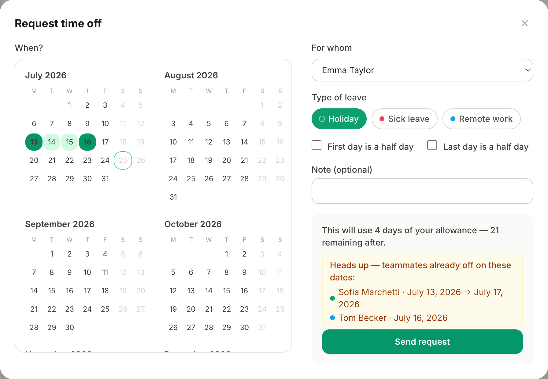 The booking form: leave type, calendar day picking and the live calculation of days used and remaining