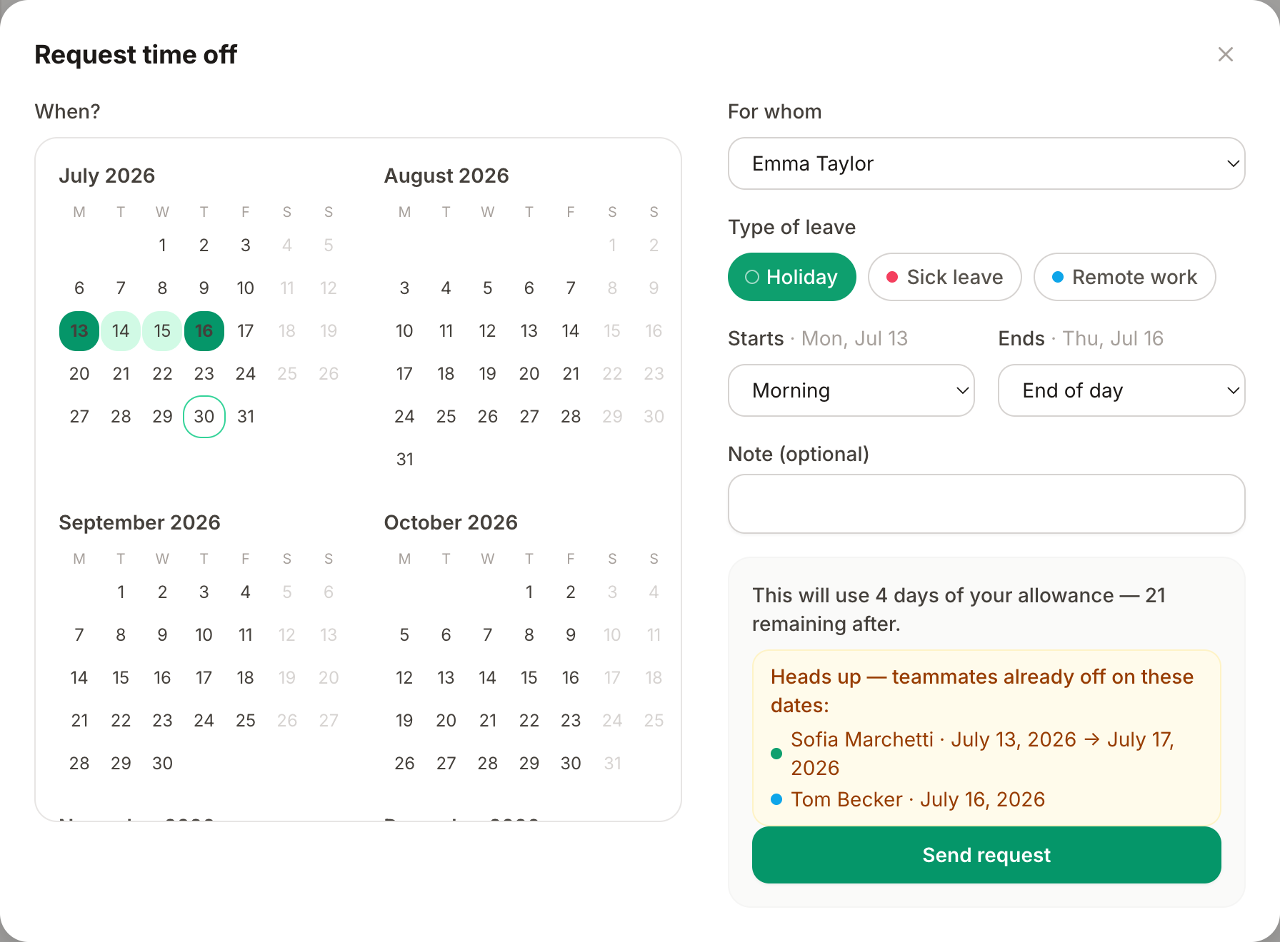 El formulario de solicitud: tipo de ausencia, elección de días en el calendario y cálculo en directo de días usados y restantes