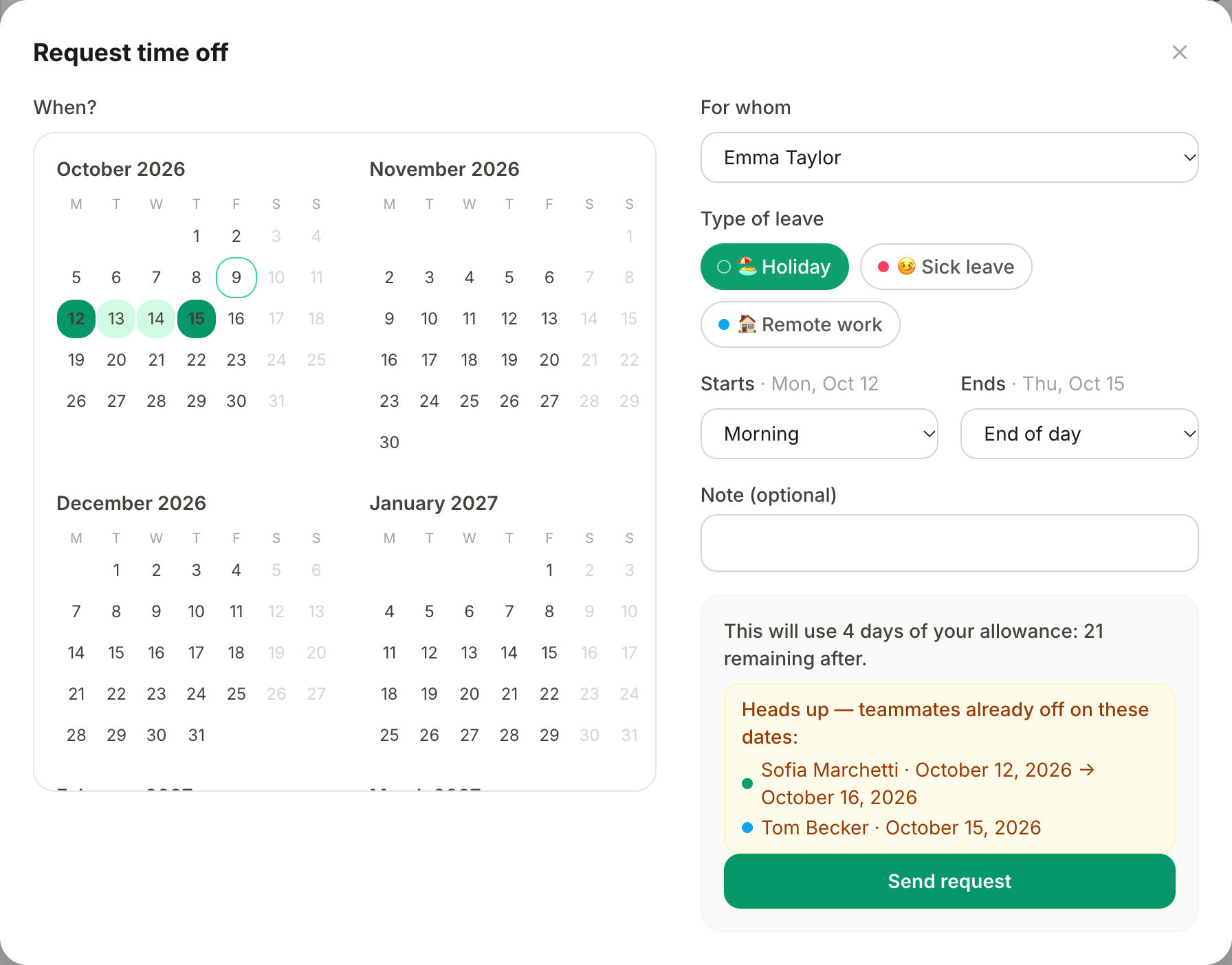 El formulario de solicitud: tipo de ausencia, elección de días en el calendario y cálculo en directo de días usados y restantes