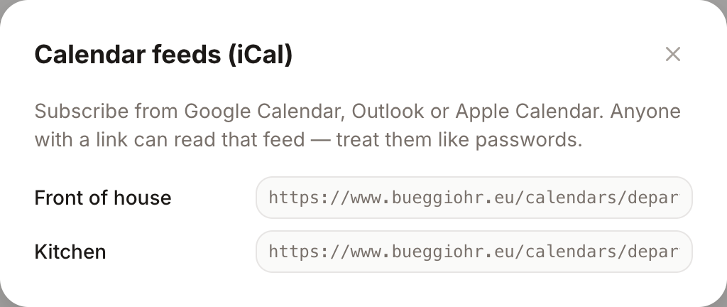 Un URL di feed iCal per ogni reparto in Impostazioni → Integrazioni
