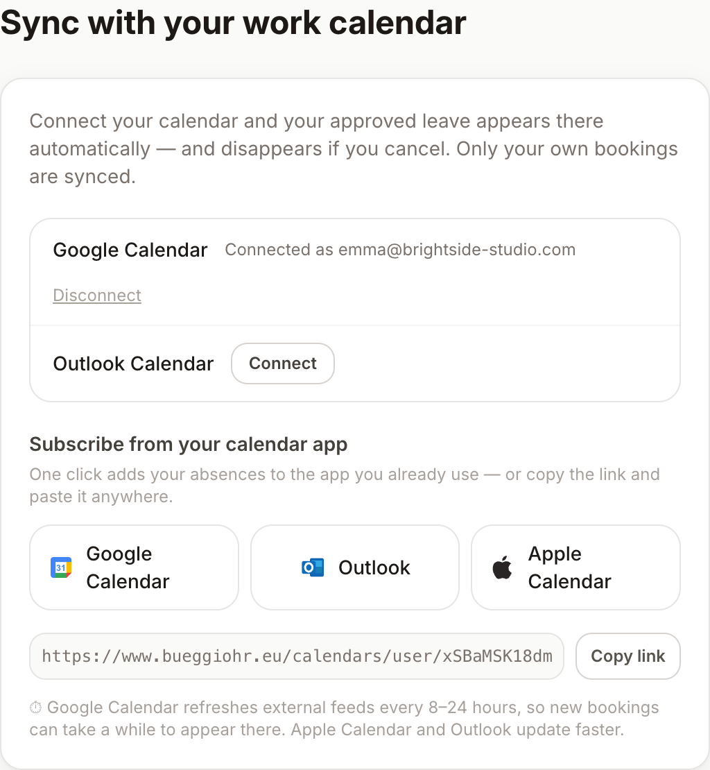 Sincronizza con il tuo calendario di lavoro: Google Calendar collegato, Outlook a un clic, e sotto le opzioni di iscrizione iCal