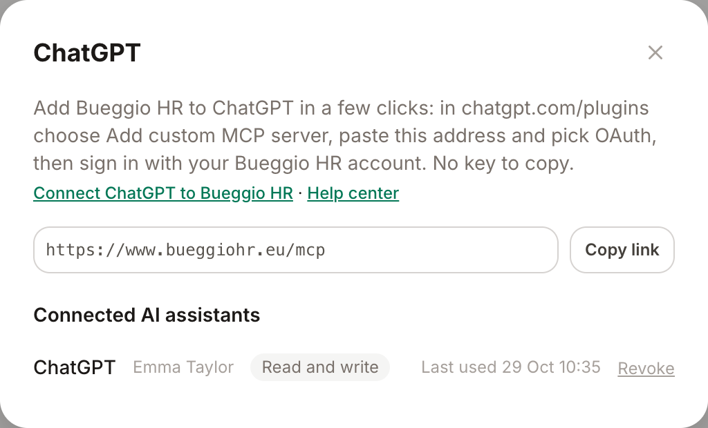 La tarjeta ChatGPT en Ajustes → Integraciones: la dirección MCP para copiar y las conexiones de ChatGPT de la organización