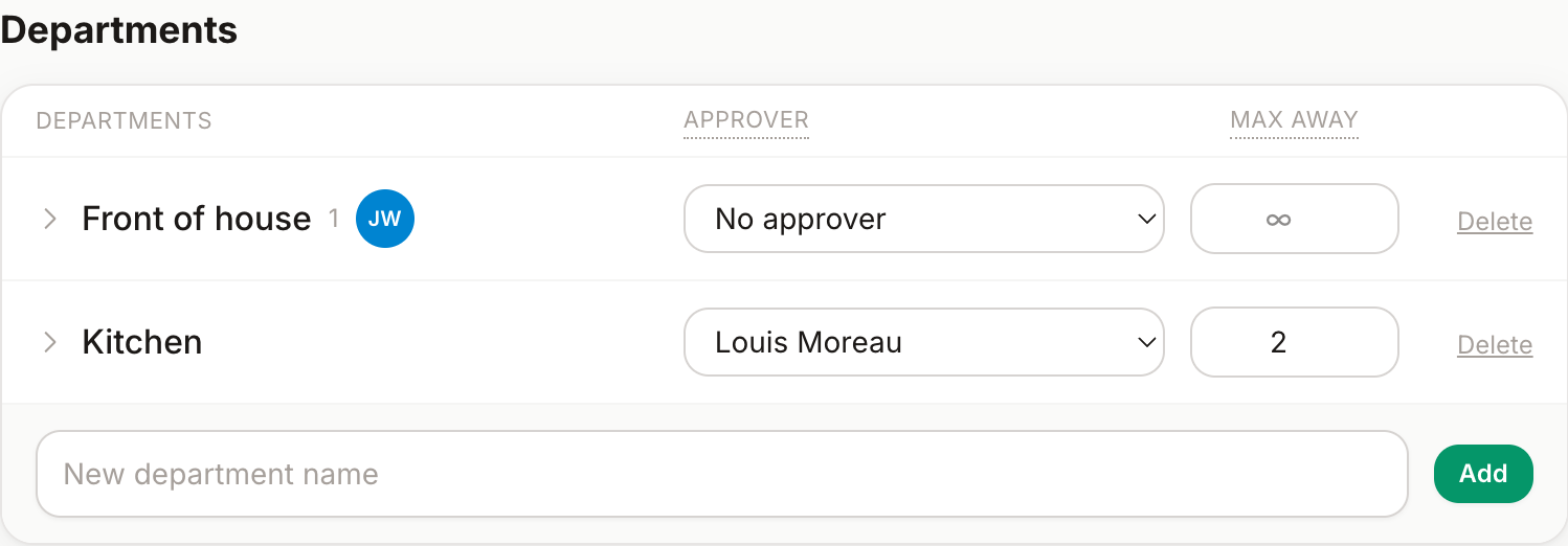 Impostazioni → Team: la card dei reparti con approvatore, tetto di assenze e pannello membri espandibile
