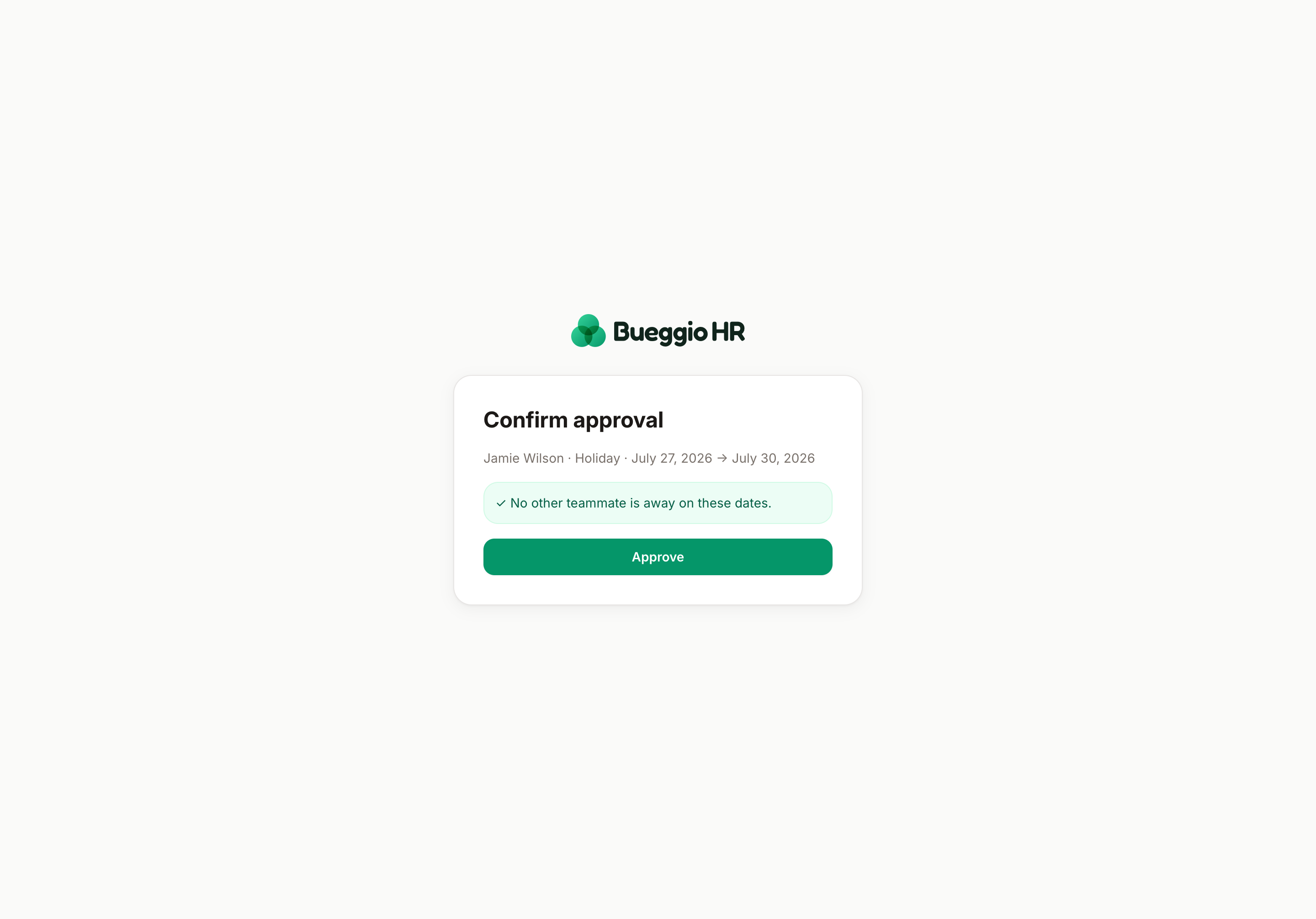 La pagina di conferma senza login aperta dal pulsante Approva dell'email: il riepilogo della richiesta e un solo pulsante