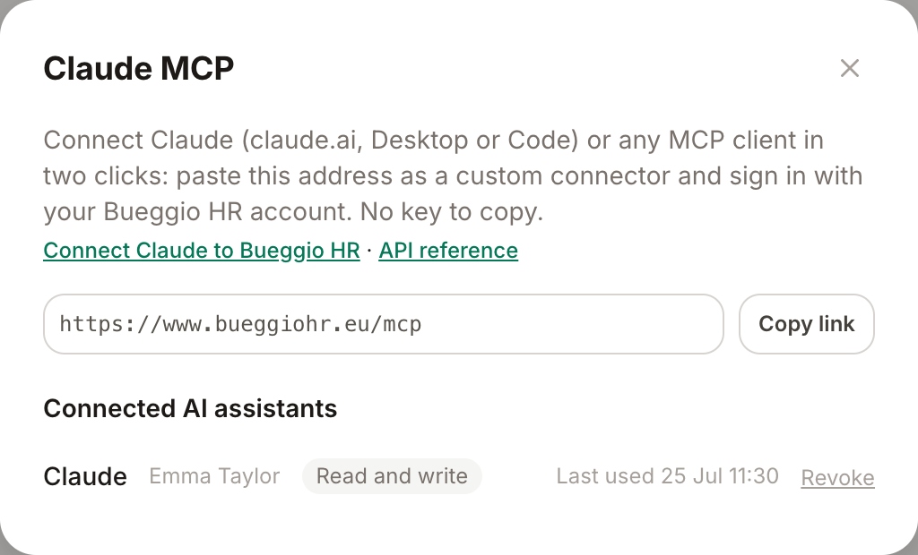 The Claude MCP card in Settings → Integrations: the MCP address to copy and the organization's connected assistants