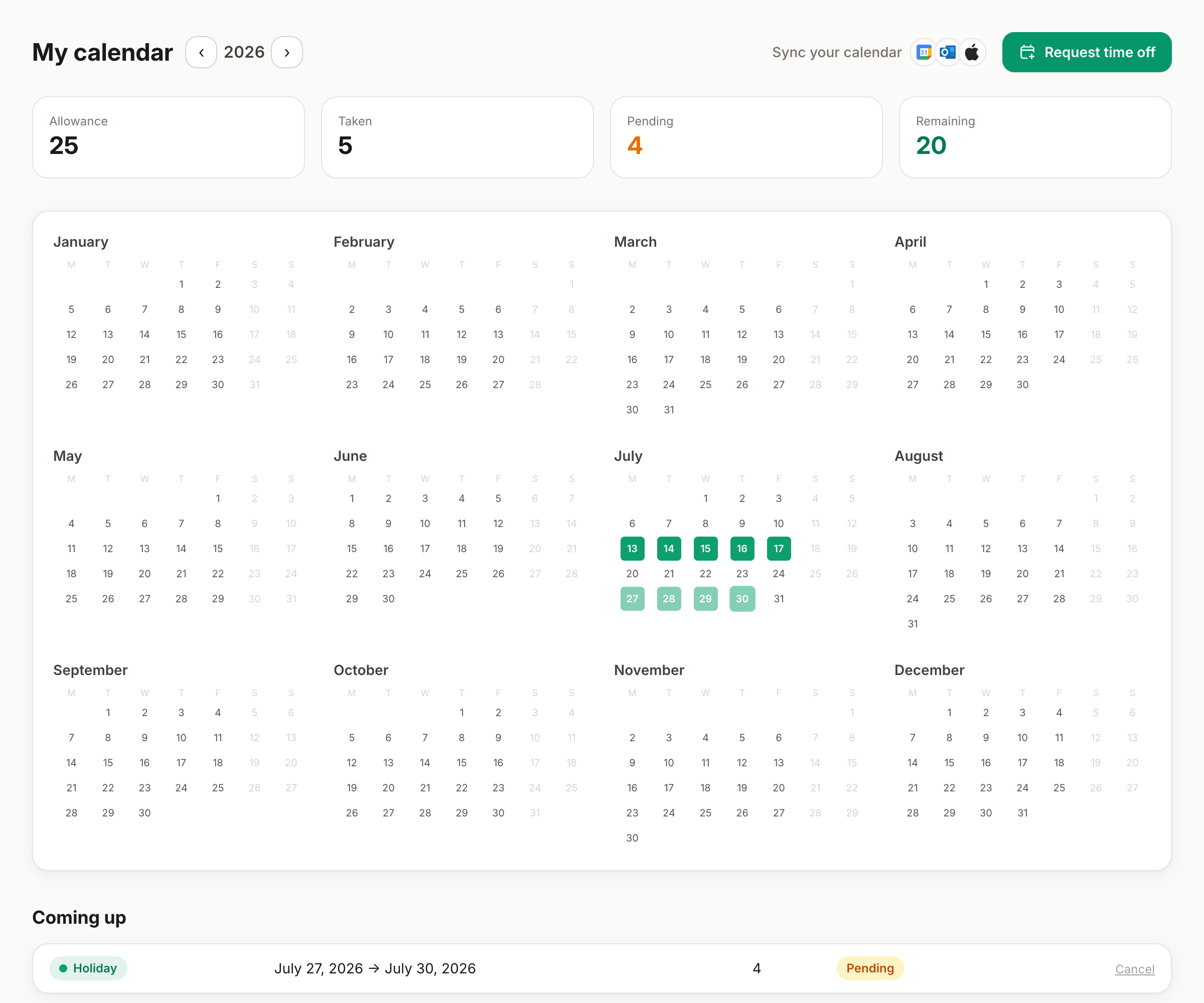 Mi calendario: el año de un vistazo con las ausencias en color, y las reservas próximas debajo