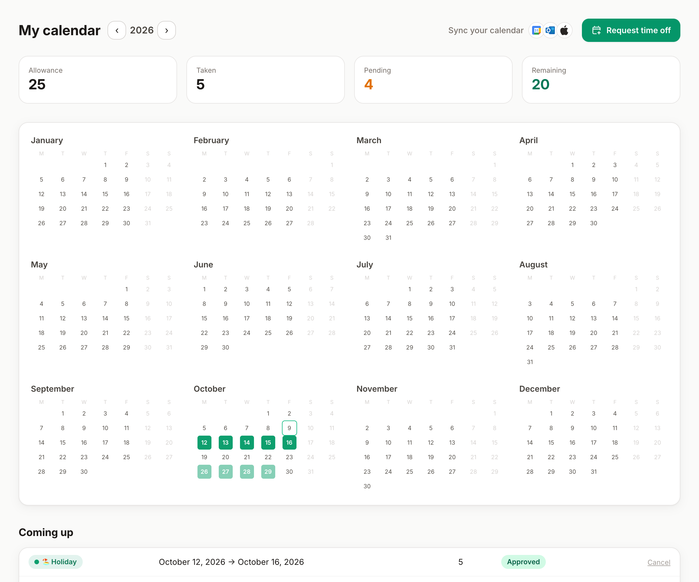 Il mio calendario: l'anno a colpo d'occhio con le assenze a colori e, sotto, le prenotazioni in arrivo