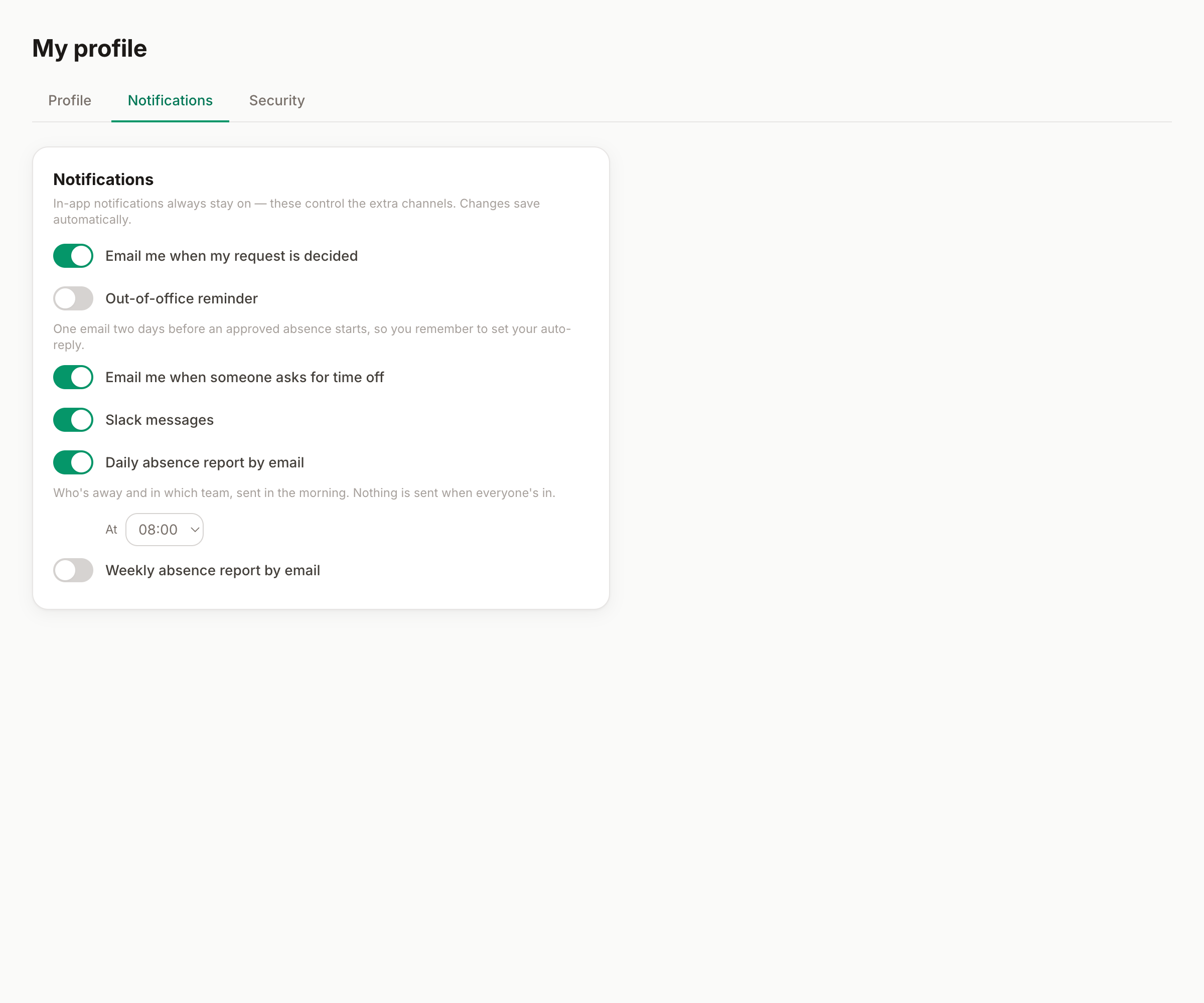 La tab Notifiche: interruttori email, promemoria di assenza, digest giornaliero e settimanale con orario, e push