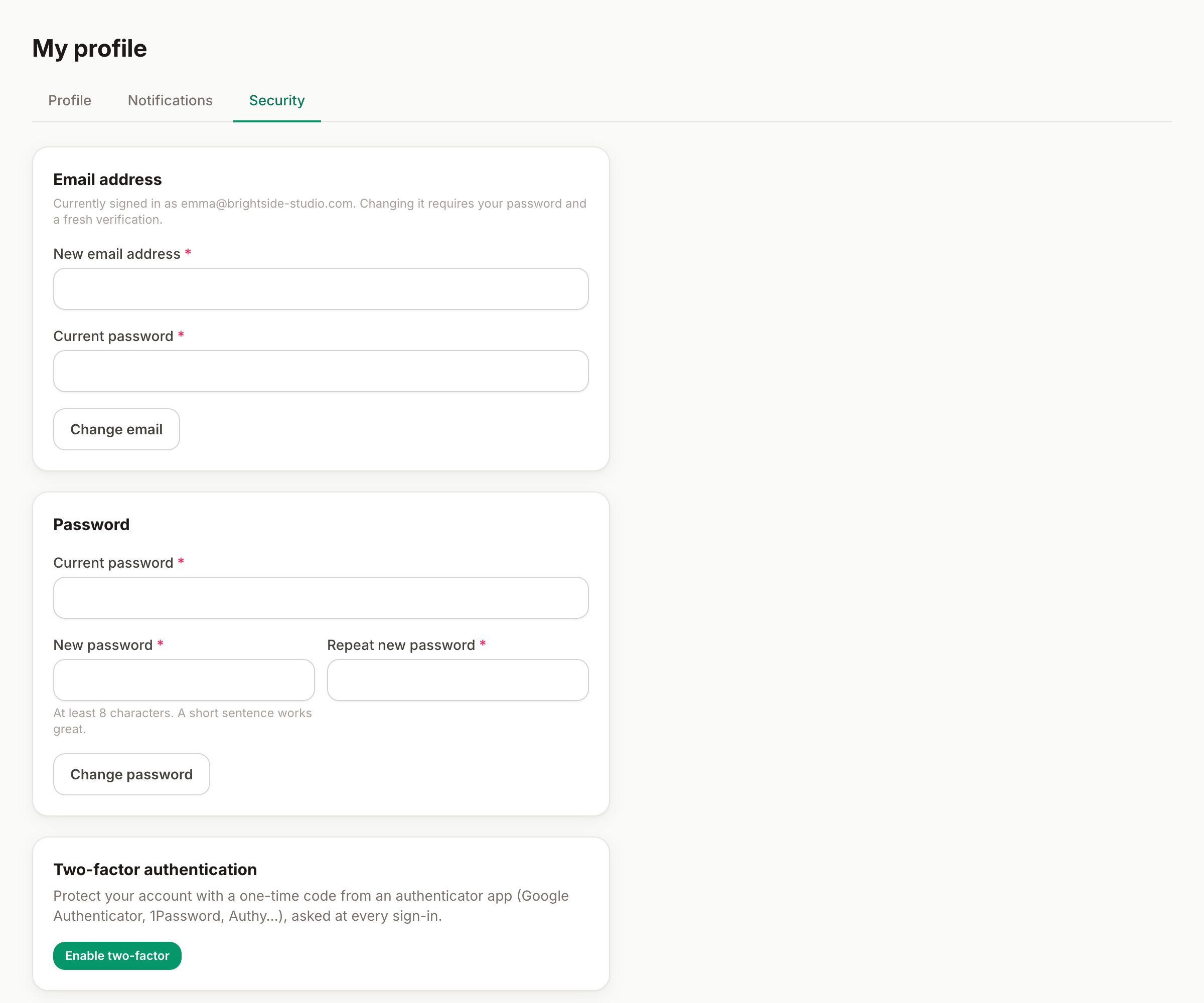La tab Sicurezza: cambio email e password, due fattori, sessioni attive e il tuo storico accessi