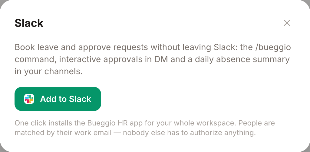 La scheda Slack in Impostazioni → Integrazioni, con il pulsante Aggiungi a Slack