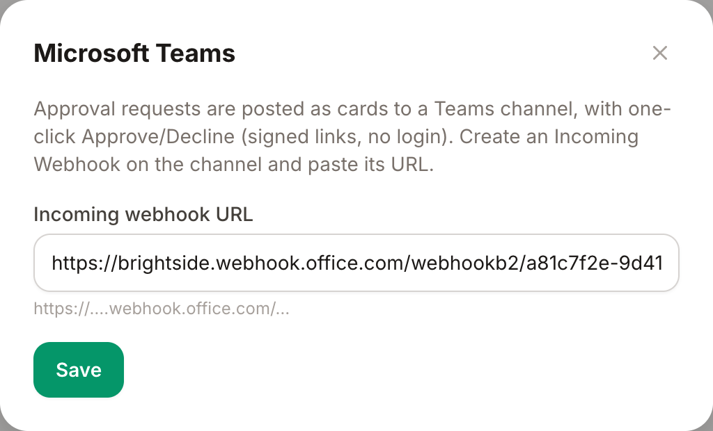 La scheda Microsoft Teams in Impostazioni → Integrazioni: incolla l'URL dell'Incoming Webhook e salva