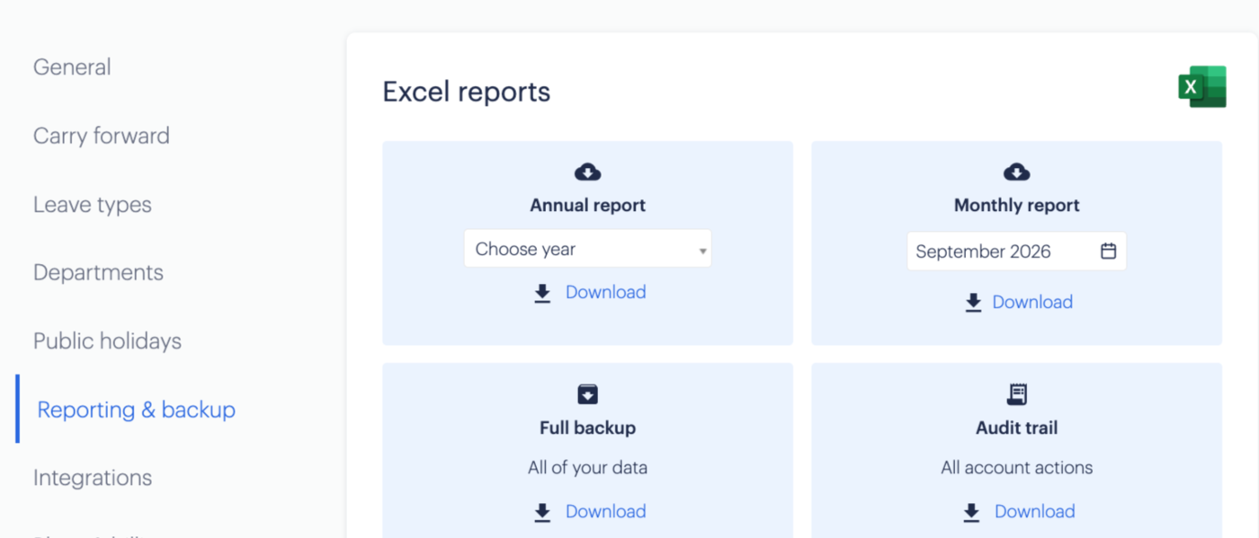 Timetastic : Settings → Reporting & backup, la carte Full backup avec son lien Download