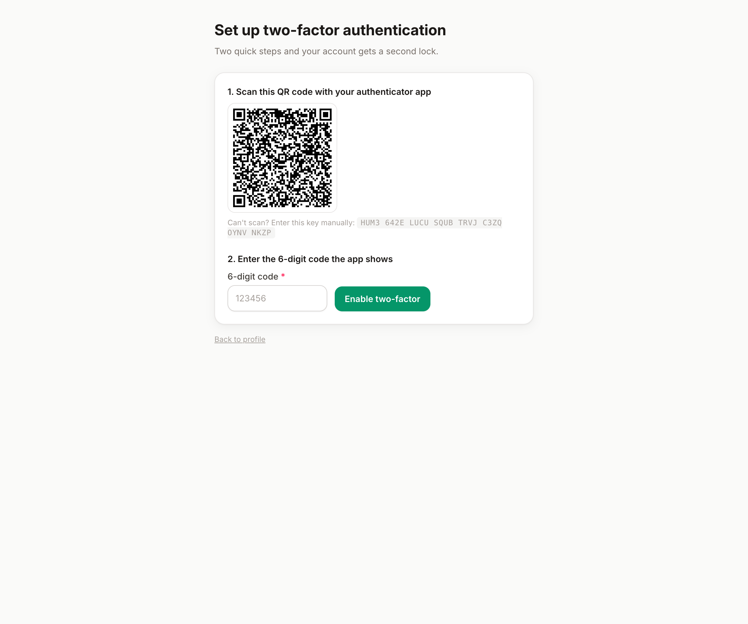 L'attivazione della 2FA: scansiona il QR con qualsiasi app di autenticazione, poi conferma con un codice a sei cifre